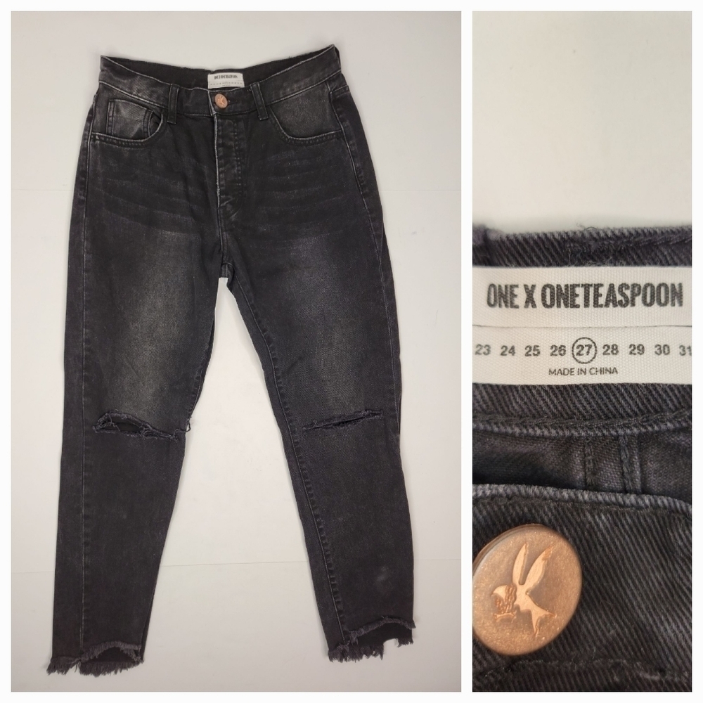 One Teaspoon Sz 27 Jeans Straight Trucker Mid Rise Fray Button Fly 90s Y2K